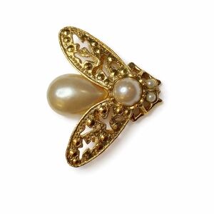 Vintage Gold-Tone Bee Brooch with Faux Pearls